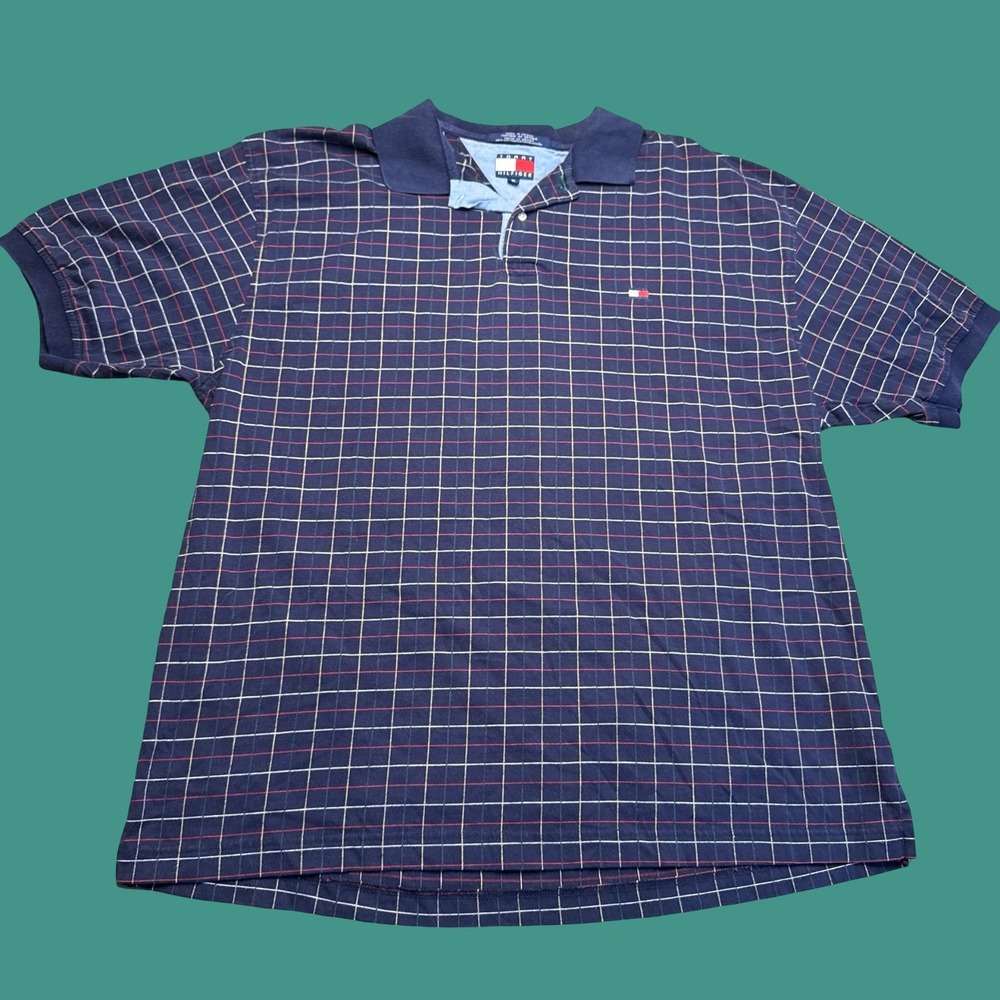 Vintage Tommy Hilfiger Polo Shirt XL Blue Red Plaid Preppy Y2K Classic Cotton